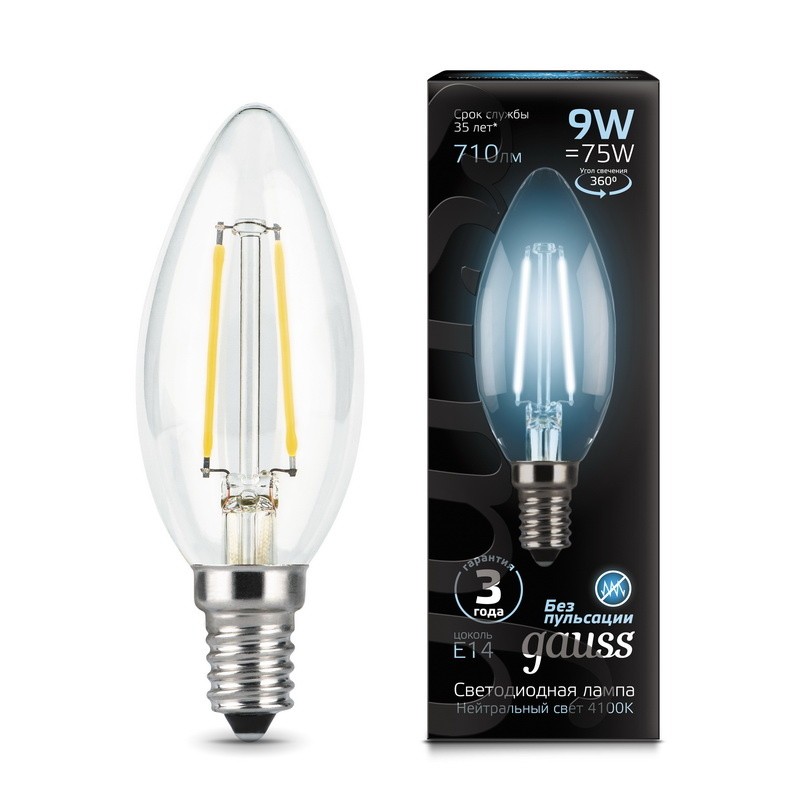 Лампа Gauss LED Filament Candle E14 9W 4100К 1/10/50 103801209