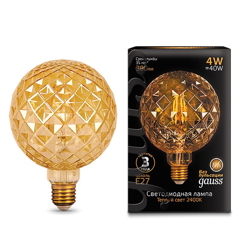 Лампа Gauss LED Filament G120 Сarat E27 4W Golden 380lm 2400K 1/20 105802004